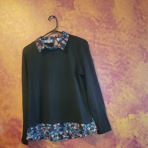 Zac & Rachel Black Peter Pan Collar Blouse with Blue Floral Trim